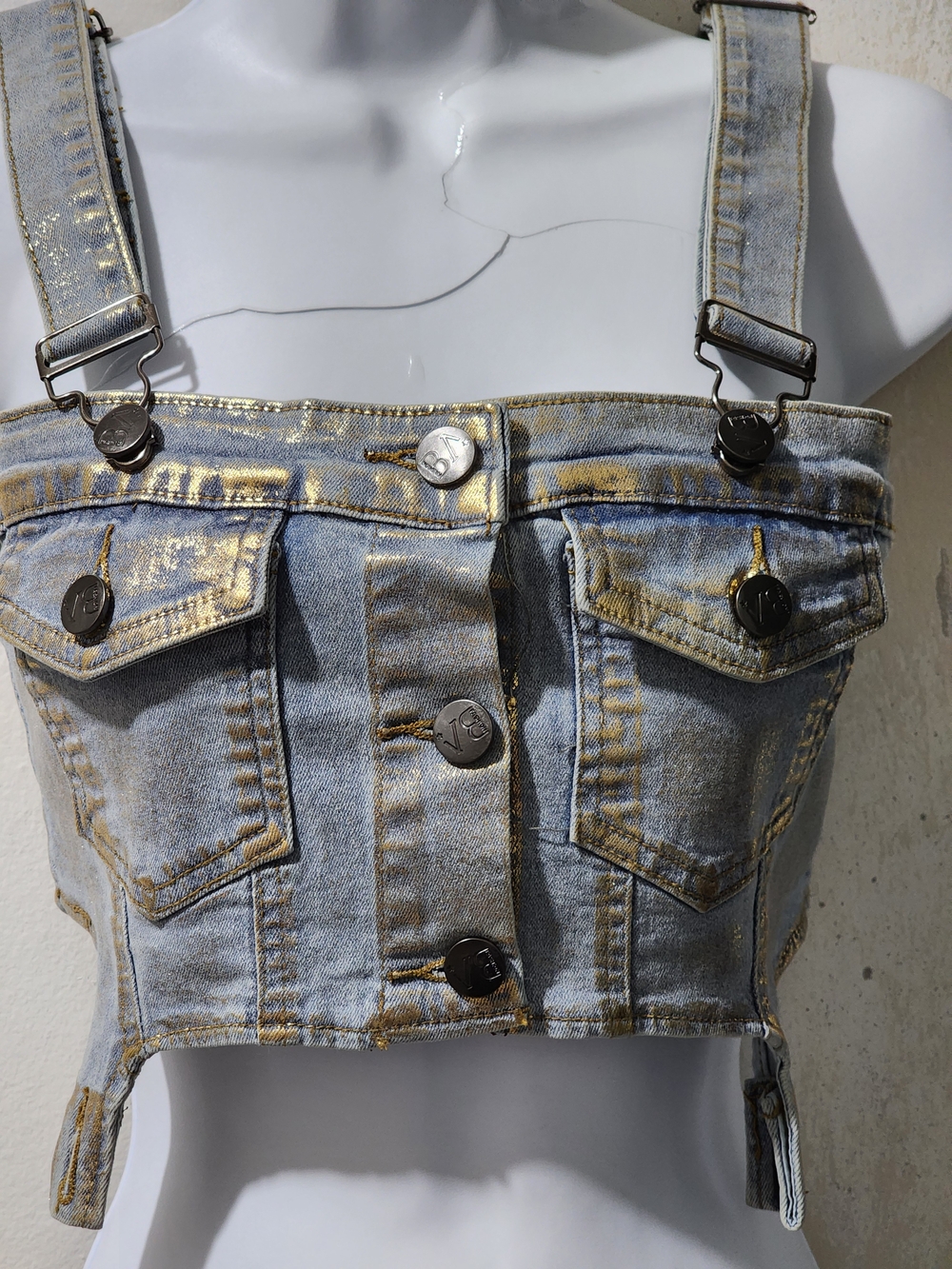Denim Crop Overalls Top with Gold Accent - Women Jeans